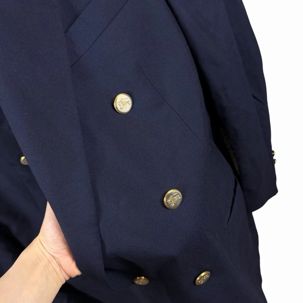 Vintage BURBERRYS Navy Blue Gold Button Super 100's Wool Double Breasted Blazer‎